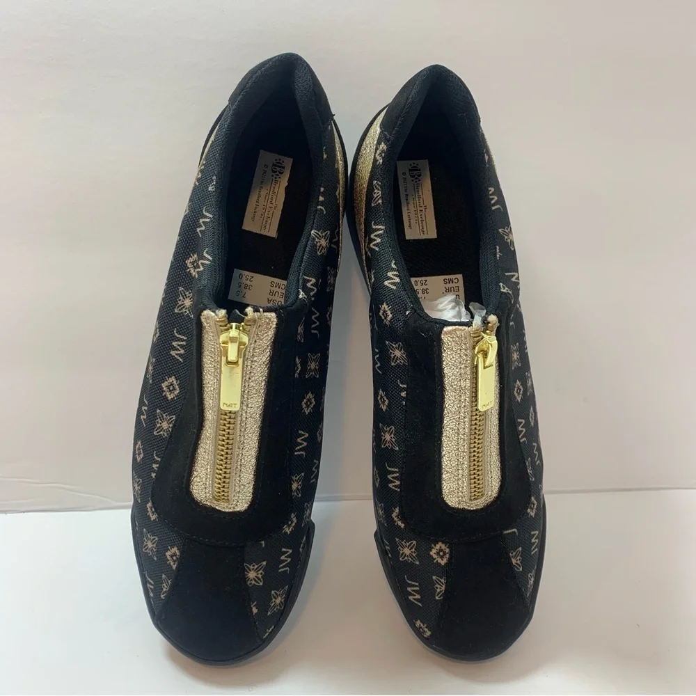 The Bradford Exchange Black Gold‎ Zip Sneakers Women’s Size 7.5 Monogram Slip-On